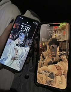 two cell phones with pictures of people on them, one is holding a phone and the other has an iphone