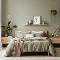 a bed with green sheets and pillows in a bedroom next to a wooden shelf filled with potted plants