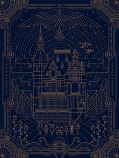 a blue and gold poster with an image of a castle in the middle of it