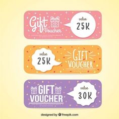 three colorful gift vouchers with confetti and hearts on the top one