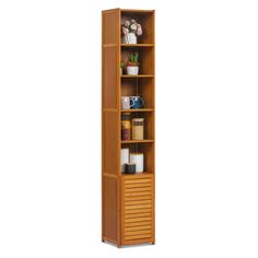 a tall wooden shelf with drawers and shelves on the bottom, in front of a white background