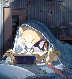 a person laying in bed under a blanket looking at a cell phone with an animal on it