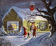 a painting of people walking in front of a house with snow falling on the ground