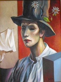 a painting of a man wearing a top hat with flowers on his forehead and nose