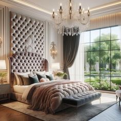 a luxurious bedroom with chandelier, bed and large window overlooking the garden area