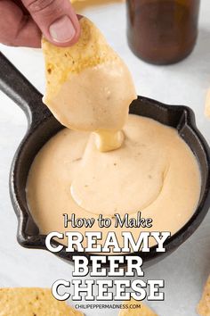 a person dipping some food into a small skillet with the words how to make creamy beer cheese on it