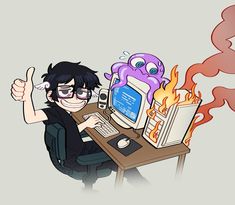 a person sitting at a desk with a computer on fire