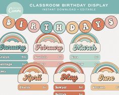 a birthday display with rainbows, clouds and name tags in pastel colors on a white background