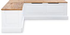 a white kitchen island with wooden top and drawers on both sides, against a white background