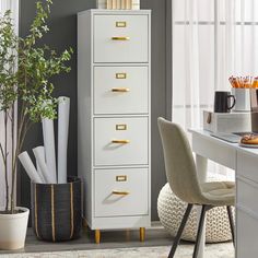 a white filing cabinet sitting next to a desk with a potted plant on it