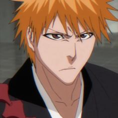 an anime character with orange hair and white eyes looking at the camera while wearing a black jacket