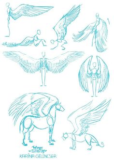 some drawings of people and animals with wings