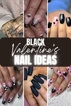 Black Nails With Roses Design, Black Coffin Valentine Nails, Black French Heart Nails, Black Heart Nails Valentines Day, Black White Valentines Nails, Black And Nude Valentines Nails, Valentines Nails Black And White, Black Red And Pink Valentine Nails, Black Pink Valentines Nails