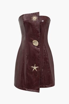 Medieval Cowboy, Bronze Outfit, Leather Dress Women, Backless Cami Top, Denim Corset Top, Outerwear Trends, Denim Corset, Leather Mini Dress, Strapless Mini Dress