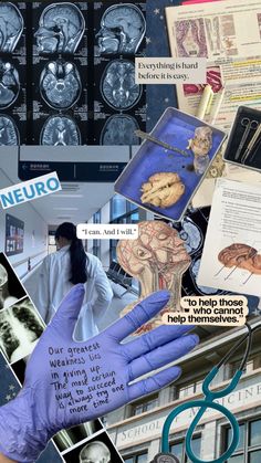 a collage of medical images and information about the human body, including hands with surgical gloves on them