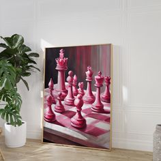 a painting of pink chess pieces in front of a white wall and potted plant