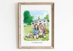 a family portrait hanging on the wall in front of a white house with green grass and trees