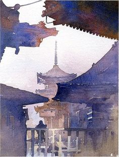 watercolor painting of buildings and people in the rain