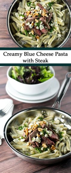 creamy blue cheese pasta with steak and broccoli in a skillet on a wooden table