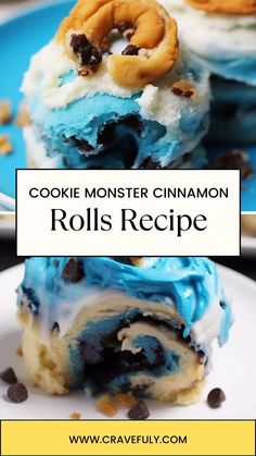 a cookie monster cinnamon rolls recipe on a plate