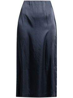 blue/white pinstripe pattern pencil design concealed rear zip fastening high waist straight hem Navy Pleated Skirt, Midi Skirt Blue, Vince Clothing, Pencil Midi Skirt, Blue Midi Skirt, Pinstripe Pattern, Navy Blue Skirt, Pencil Design, B Fashion