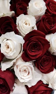 a bouquet of white and red roses is shown in close up view on the surface