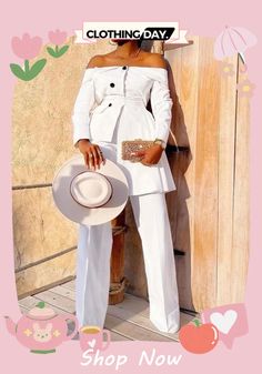 Fall Elegant White Off Shoulder Irregular Career Blazer Pants Set Long Pants Outfit, Blazer Set, Pants Outfits, Belted Jacket, Bare Shoulders, Todays Outfit, Coat Pant, Blazer Fashion, White Blazer