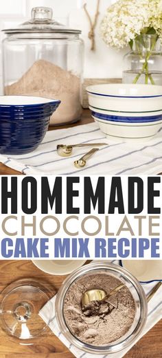 homemade chocolate cake mix recipe in a bowl on a wooden table with blue and white plates