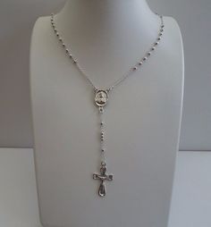 925 Sterling Silver Shiny Rosary Cross Necklace Bracelet W/ Round Shiny Beeds Rosary Cross Necklace, Silver 925 Jewelry, Silver Rosary Necklace, Pretty Silver Jewelry, Catholic Cross Necklace, Long Cross Necklace, Rosary Cross, Cross Necklace Women, Rosary Jewelry