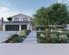 an artist's rendering of a house with landscaping and trees in the front yard