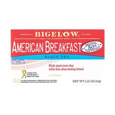 an american breakfast tea packet is shown on a white background with the words, bigelow