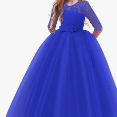 Pretty Flowing Long Dress For Girls Ages 7-8. Girl Silk Dress, Tulle Lace Dress, Lace Dress Blue, Tulle Skirt Dress, Pumpkin Dress, Dresses Fancy, Graduation Party Dresses, Cream Lace Dress, Floral Skater Dress