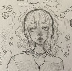 a drawing of a girl with her eyes closed and head tilted to the side, surrounded by hearts