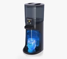 a black coffee maker with blue liquid in it