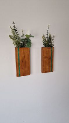 two wooden planters with plants in them hanging on the wall next to each other