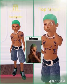 an animated image of a young man with green hair and tattoos on his chest, in front of a top model poster