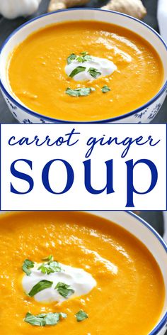 two bowls of carrot ginger soup with sour cream and parsley on top, one bowl is white and the other has blue trim