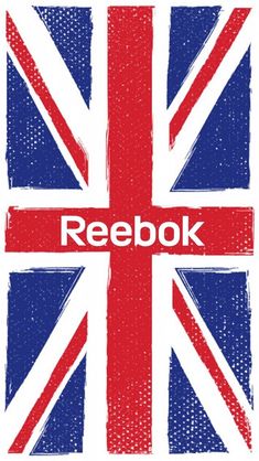 a british flag with the word reebok written in red, white and blue