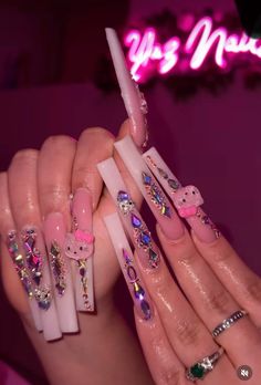 #hellokittyaddict #hellokittynails #kawaii #blingnails #longnails #acrylicnaildesigns #acrylic #birthday #birthdaynails #party #cutenails #baddiestyle Acrylic Nails For Black Women, Gem Placement, Nails For Black Women, Boujee Nails, Fall Baddie, Bday Nails, Hello Kitty Nails, Long Acrylic