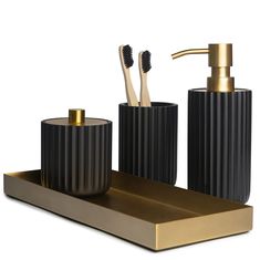 PRICES MAY VARY. Nullify Handcrafted from Finely Sculpted Resin & Stainless Steel - Our 4 piece bathroom decor sets accessories are designed to add a uniquely modern traditional appeal and infuse effortless style into your space design. Exceptional Quality & Style - Our Black & Gold Collection feature a ribbed texture with antique brass accents. Made with high-quality resin and rust-proof stainless steel, our collection is durable and long-lasting. The pump of the soap dispenser is sturdy and ea White Bathroom Accessories Set, Black Bathroom Accessories Set, Matte Black Bathroom Accessories, 4 Piece Bathroom, Soap Dispenser Set, Gray Bathroom Accessories, White Bathroom Accessories, Gold Bathroom Accessories, Boho Bathroom Decor