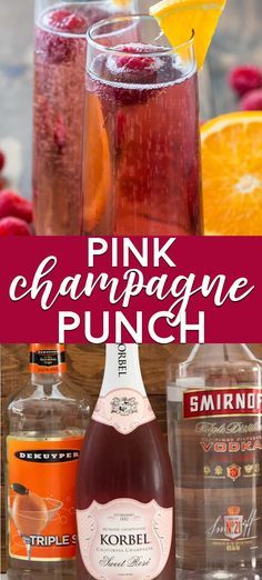 pink champagne punch with oranges and raspberries in the background