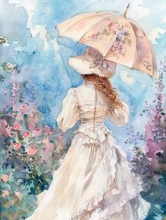 a watercolor painting of a woman in a white dress holding an umbrella over her head