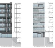 three different views of an apartment building with windows and balconies on each floor