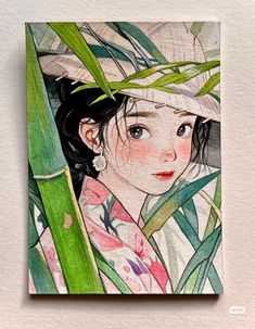 a watercolor painting of a woman in a hat with bamboo leaves on her head