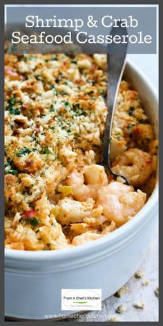 shrimp and crab seafood casserole in a white dish with a serving spoon on top