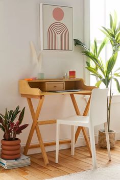 a desk with a chair and potted plant next to it in a white room