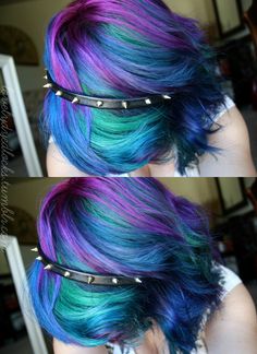 the hair is awesome, but I love the headband, too! Green Short Hair, Peacock Hair Color, Short Rainbow Hair, Hair Vanity, Short Dyed Hair, Peacock Hair, Galaxy Hair, Pastel Outfit, Emo Hair