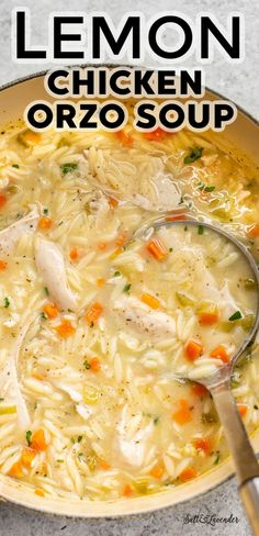 a bowl of chicken orzo soup with the title overlay reads, lemon chicken orzo soup