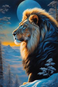 a painting of a lion sitting in the snow with trees and mountains behind it, under a full moon