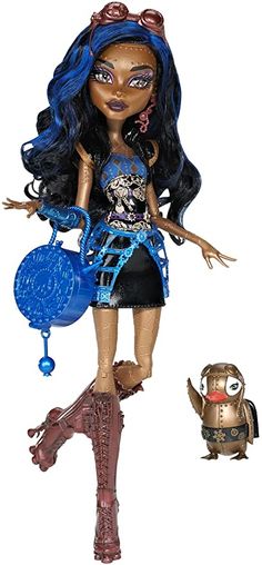 a doll with blue hair and boots holding a frisbee in her hand, on a white background